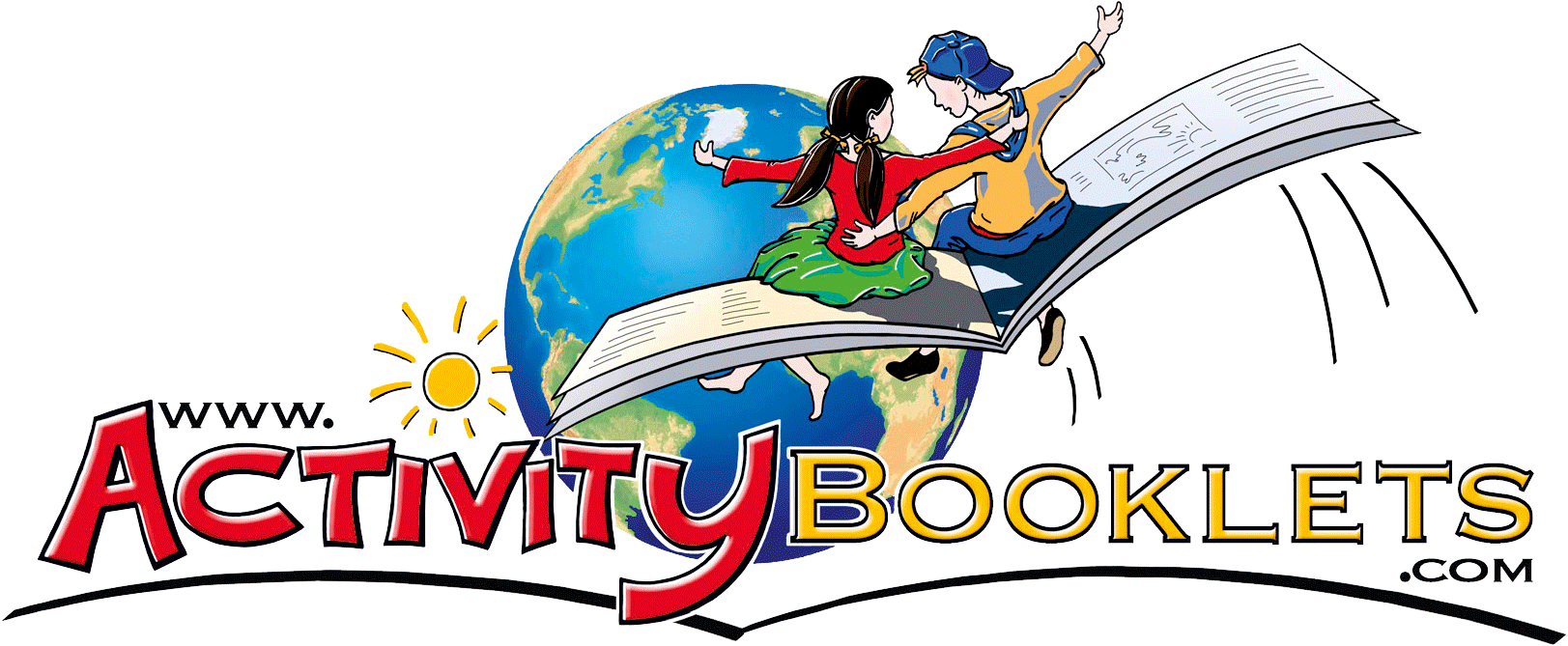 Logo von Aktivity Booklets mit einer Weltkugel und zwei Kindern auf einem fliegenden buch.