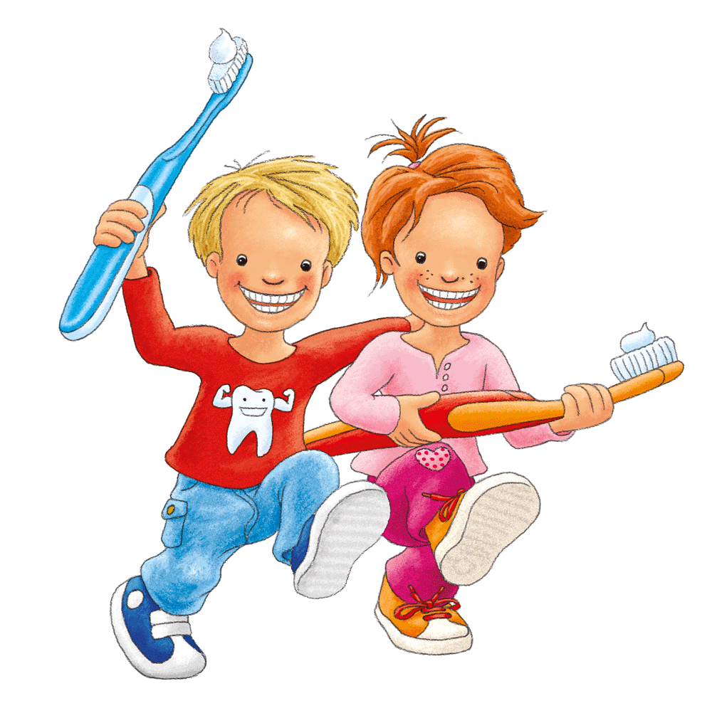 Illustration eines Jungen und eines Mädchen mit zwei großen Zahnbürsten.